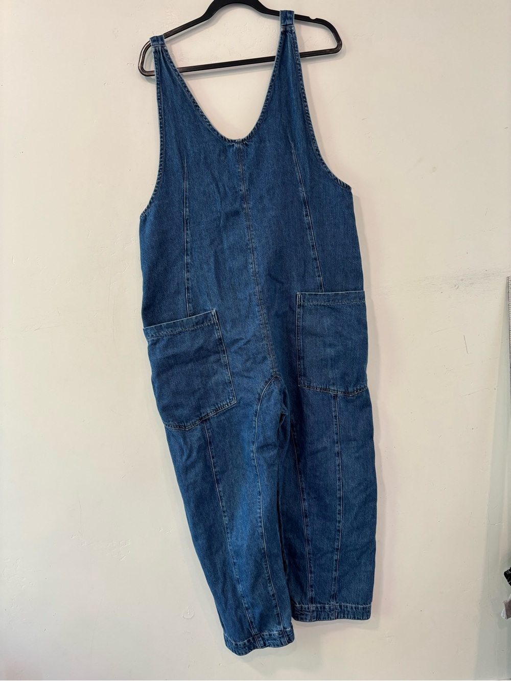 Free People High Roller Denim Overalls Large Blue Boho Slouchy Harem Jumpsuit